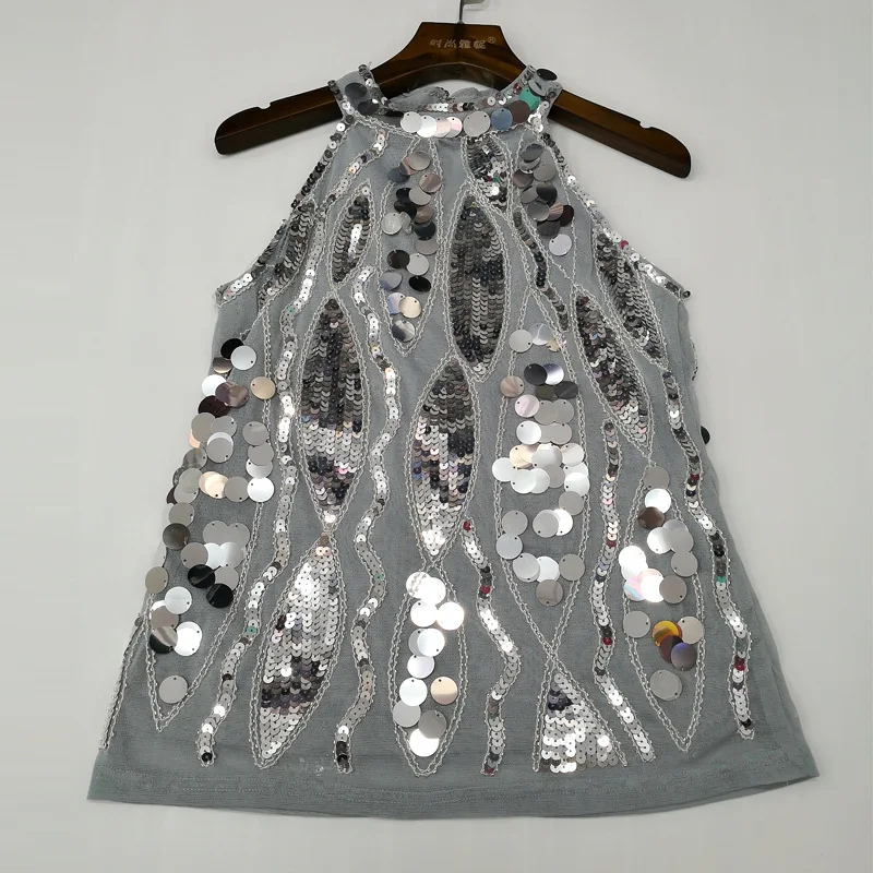 Stunning Women Beaded Sequin Tank Top Sexy Halter Sleeveless Cold Shoulder Short Vest with Appliques Festival Raves Clubwear | Женская
