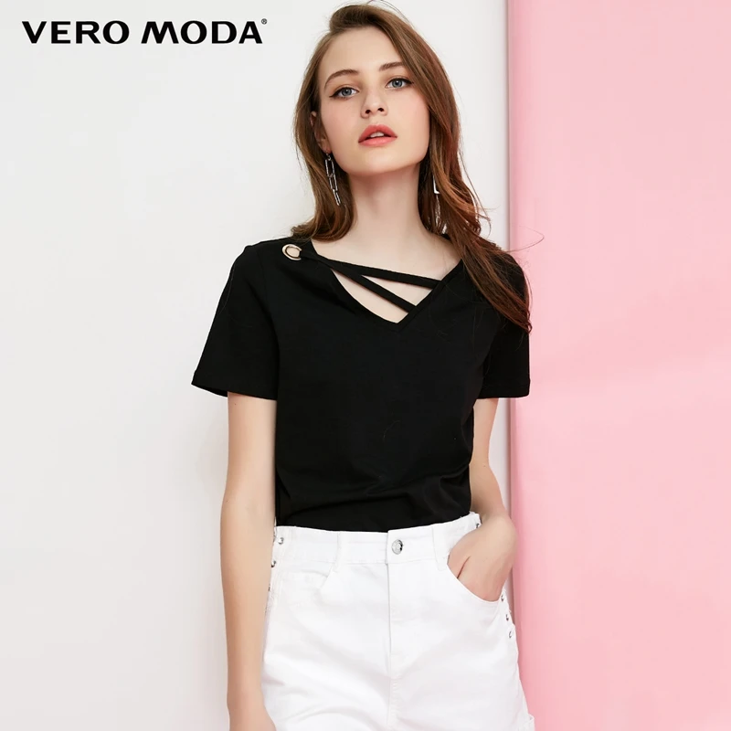 Vero Moda футболка женская 100% хлопок чистый цвет воротник Декоративная полоса