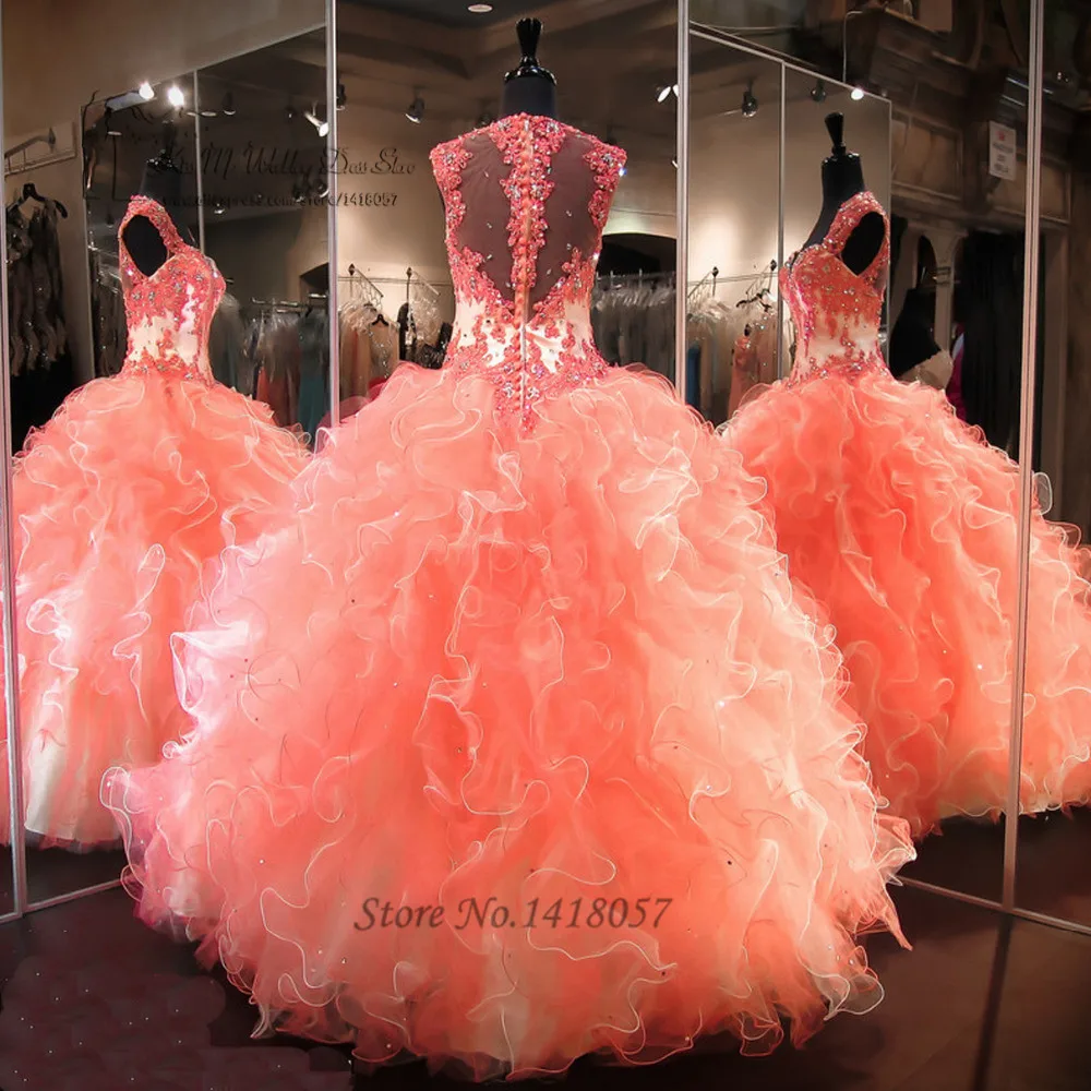 Недорогие платья Бальные из кораллового кружева с бусинами 16 лет 2016|quinceanera dresses