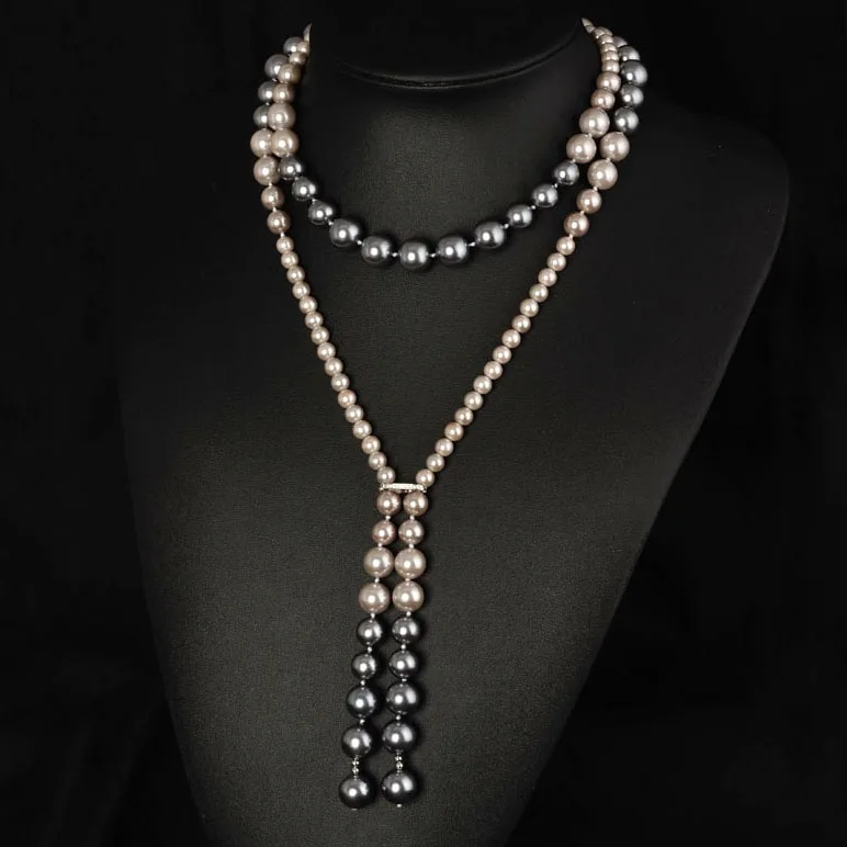 High Quality Luxury Two Rope Tassel White or Gray Black Pearl Long Necklace Sweater Coat Chain Women Jewelry For Wife Mom Gift