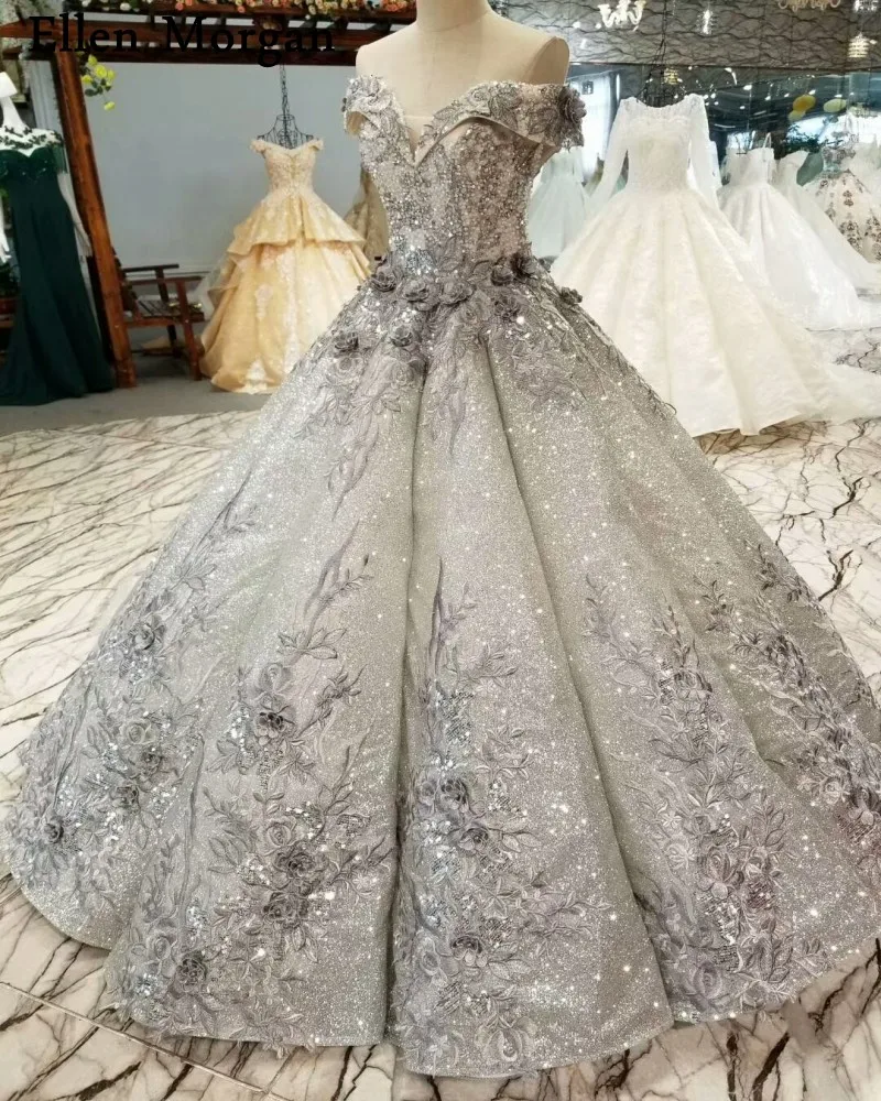 Grey Sexy Ball Gowns Wedding Dresses 2019 for Women Lace up Beaded 3D Flowers Glitter Fabric Sequined off Shoulder Bridal | Свадьбы и