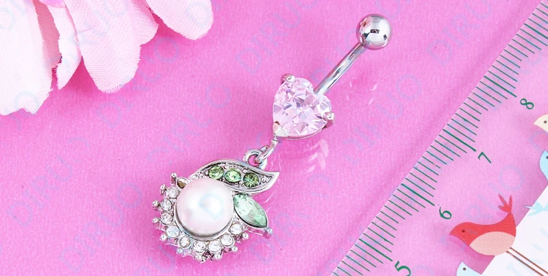 Кольцо для пупка с искусственным жемчугом и зеленым листом