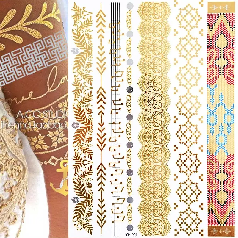YH056 Boho Цветочные Временные Тату-металлик Цвета Золото Серебро металлик(1 лист - Цвет: YH056