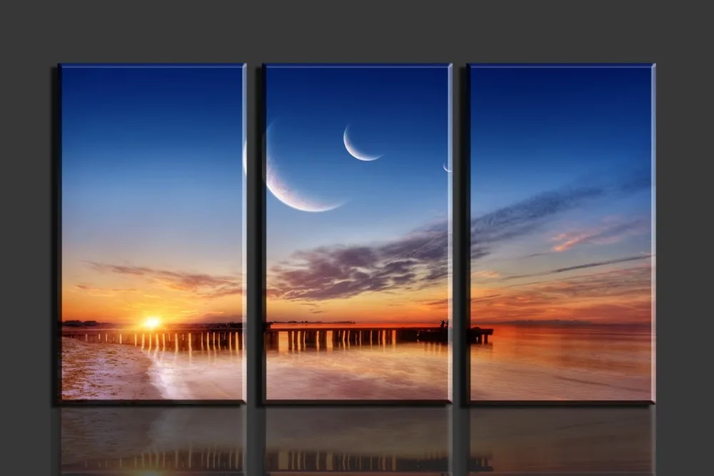 Картина восход солнца пляж мост и луна 3 панели печать на холсте живопись