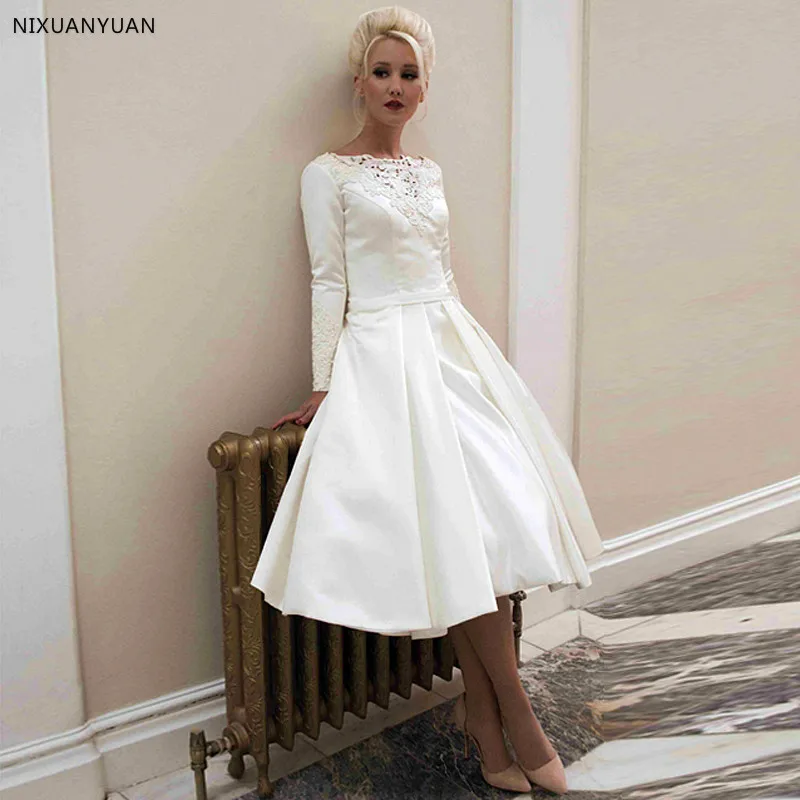 Vestido De Noiva Robe De Mariage вырез лодочкой с вырезом-лодочкой, с длинным рукавом свадебные платья дешевые короткие свадебные платья с пуговицами обтянутыми