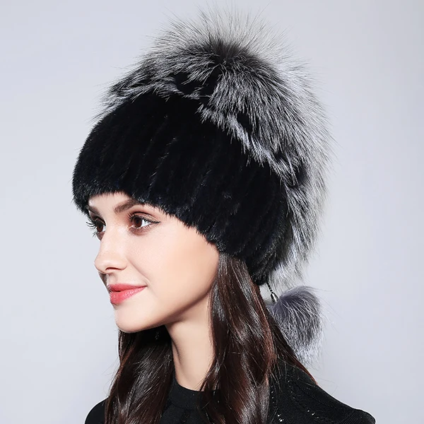 На зимнем меху Шапки Girls'Hat класса люкс из натурального меха норки, Для женщин черно-бурой лисицы с бубоном, новинка модная зимняя обувь на высоком каблуке качественный капот шапки - Цвет: Navy Blue