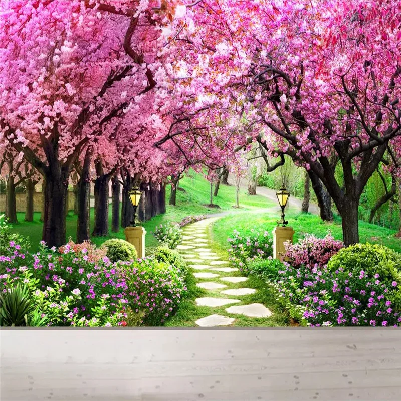 Sakura forest garden path landscape painting wall professional production mural wholesale wallpaper poster photo |