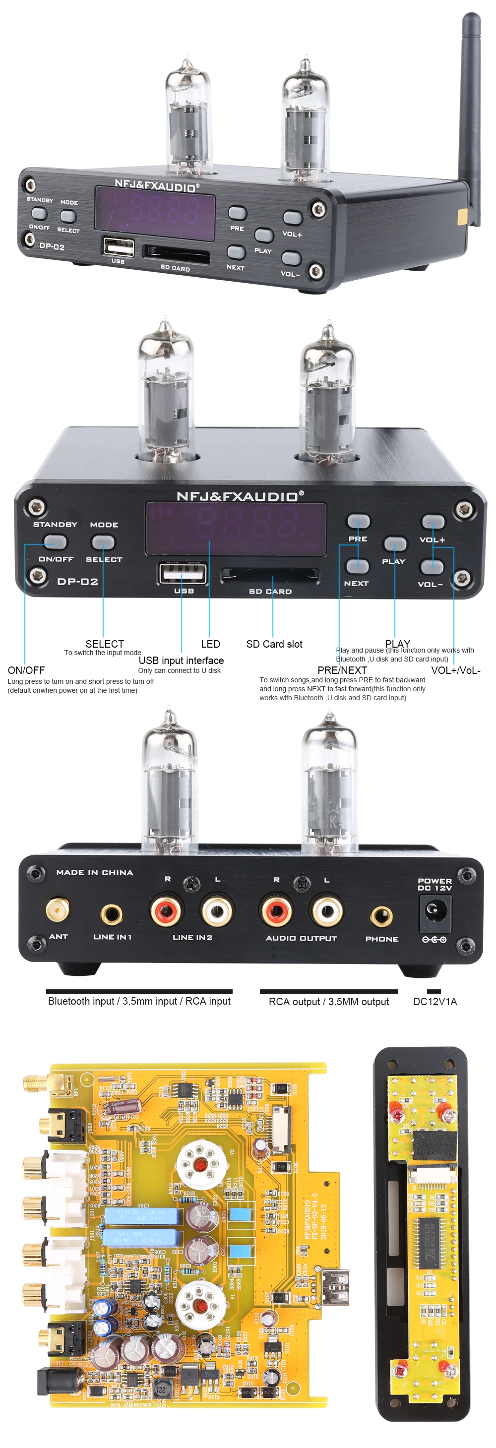 NFJ& FXAUDIO DP-02 6K4 Мини HiFi Bluetooth звуковой Предварительный усилитель ламповый усилитель для наушников выходной усилитель с u-диском/sd-картой
