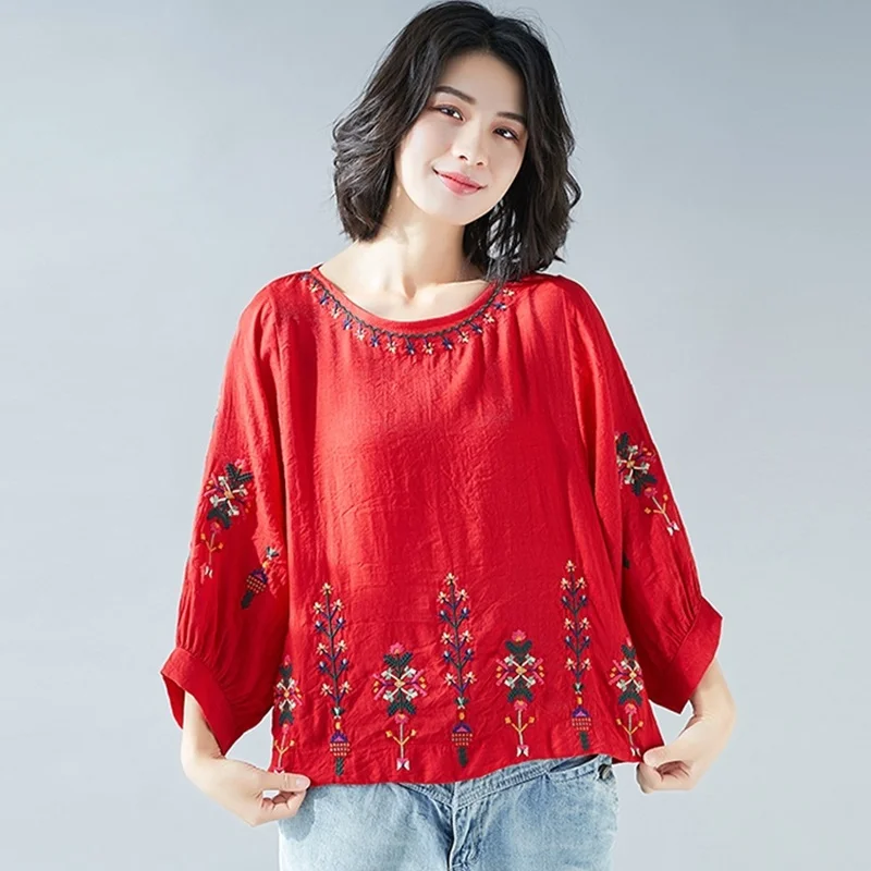Женские китайские топы свободная винтажная рубашка в стиле ретро с вышивкой
