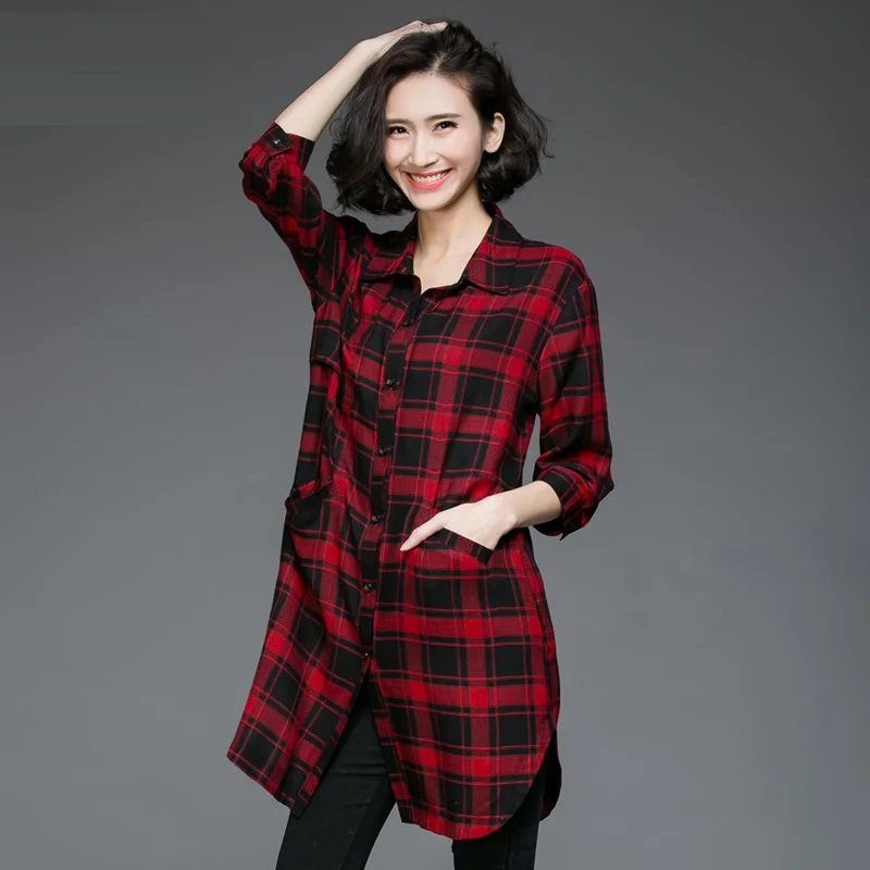 2017 Весна Женщины три четверти рукав длинный клетчатую рубашку поворот воротник