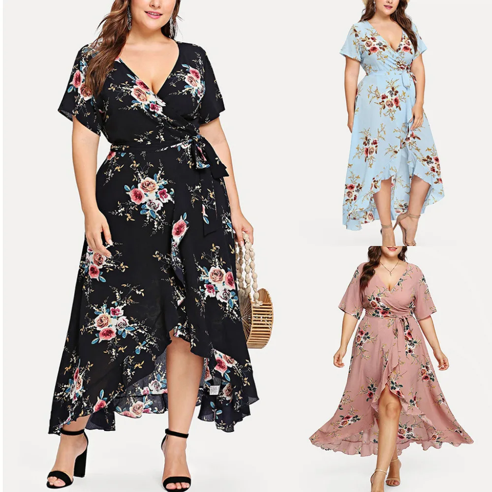 Плюс размеры для женщин Повседневное короткий рукав Boho Цветок богемвечерние