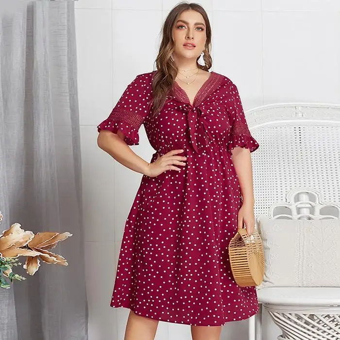 IN'VOLAND женское платье Vestidos размера плюс, повседневное летнее платье с v-образным вырезом и коротким рукавом в горошек, женские платья длиной до колена, XL-4XL