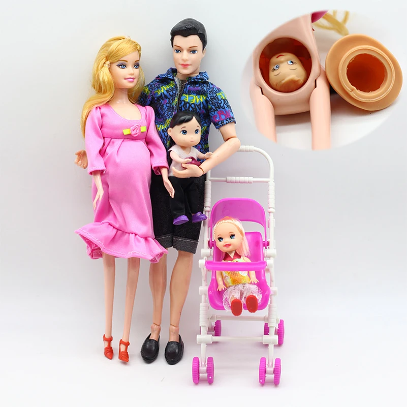 6Pcs Happy Family ชุดของเล่นตุ๊กตาตั้งครรภ์ Babyborn Ken & ภรรยา Mini รถเข็นเด็กรถสำหรับตุ๊กตาเด็กเด็กของเล่นสำห...
