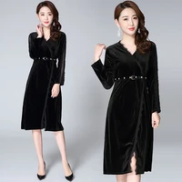 free shipping plus size m 3xl velour and lace patchwork women long knee length autumn velvet long sleeve v neck dress with belt