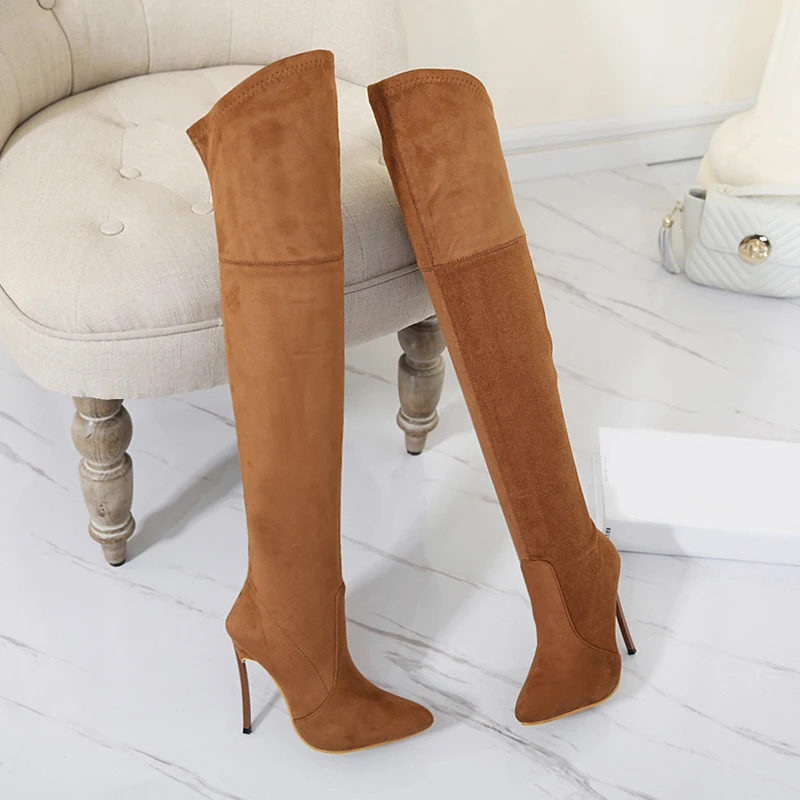 light brown MCCKLE/женские осенне-зимние сапоги до бедра женские эластичные сапоги выше колена с острым носком на высоком каблуке размера плюс модная обувь - Цвет: light brown