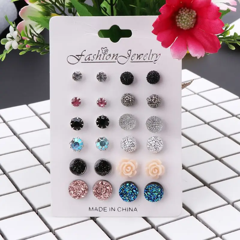 12 Pairs Assorted Crystals Druzy Stone Resin Round Stud Earrings Set Women | Украшения и аксессуары