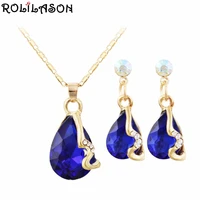 rolilason royal blue water drop shape gold zircon set spring carnival jewelry pendant necklace earrings anniversary gift js819