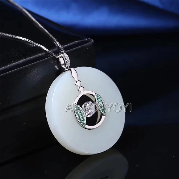 Beautiful Real 925 Silver White HeTian Jade 35mm Round Buckle Lucky Pendant + Free Necklace Fine Jewelry Certificate | Украшения и
