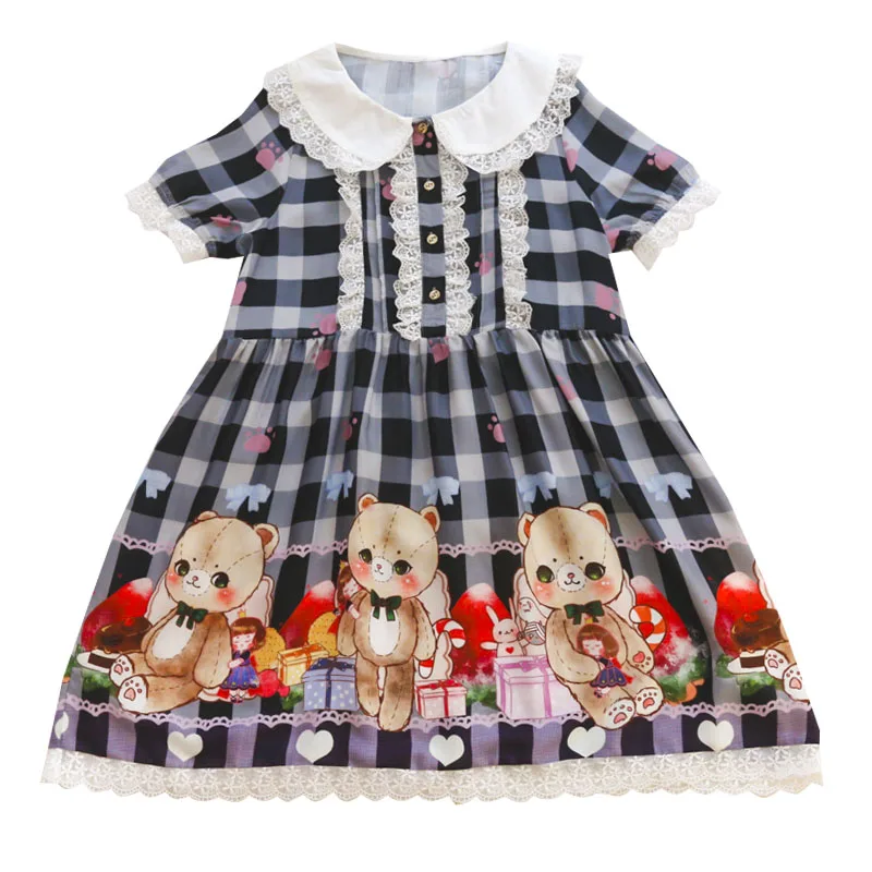 Черный Мягкий сестра японский Лолита Kawaii Кролик принт кукла воротник кружева платье с бантом короткий рукав принцесса Для женщин платье Долли лето - Цвет: Черный