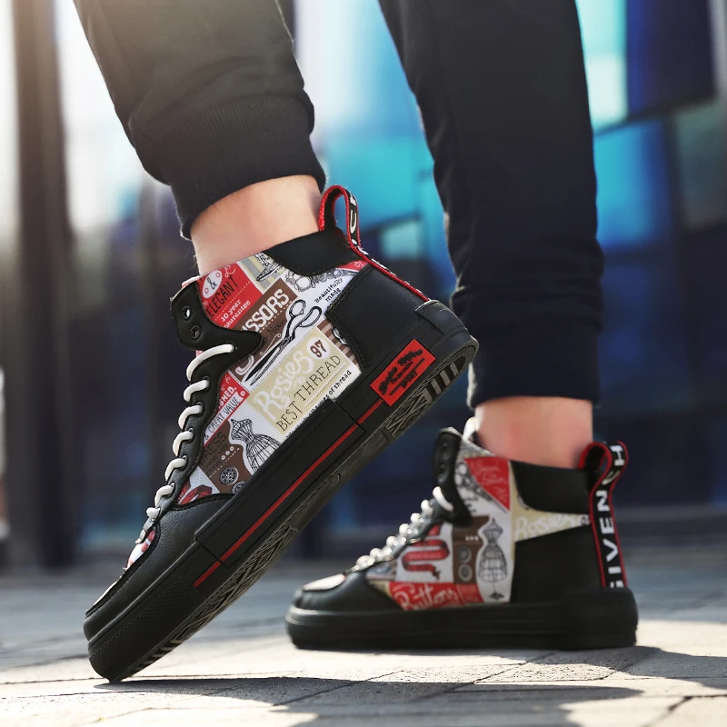 

2019 spring/Autumn high-top men shoes casual color matching Sewing thread Hand drawn doodle shoes fashion trend shoes