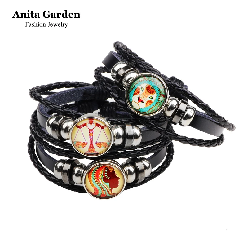 Colored glass Twelve constellation symbol bracelet Leather bracelets &amp bangles unisex Anita Garden brand lovers jewelry QN2342 |