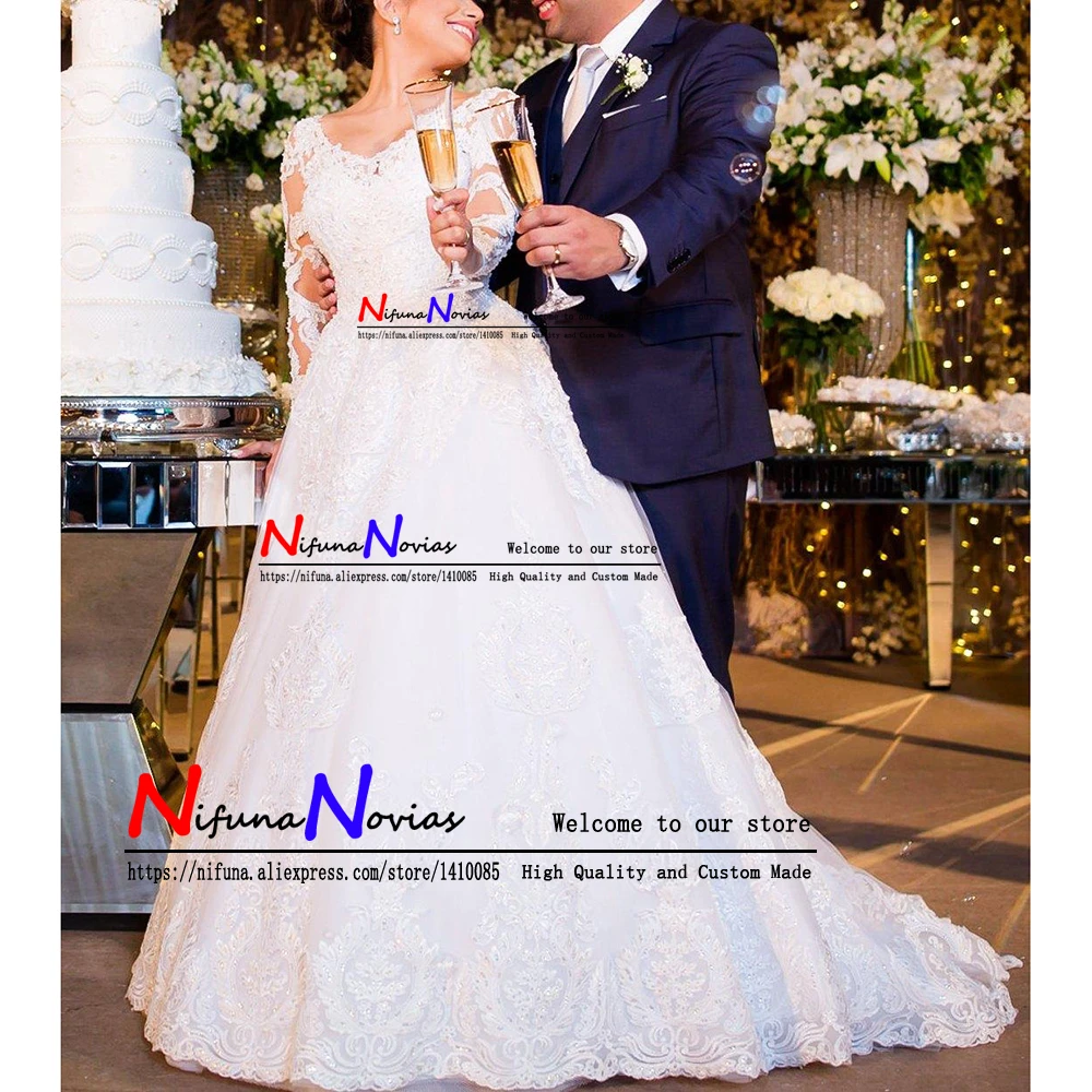 Vestidos de noiva Великолепное Кружевное Свадебное платье с длинными рукавами и
