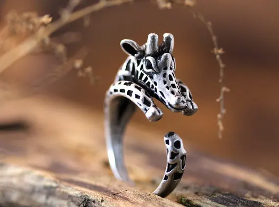 Cute Giraffe Ring Women's Girl's Retro Burnished Animal Adjustable Free Size Wrap Black Crystal gift idea fashion | Украшения и