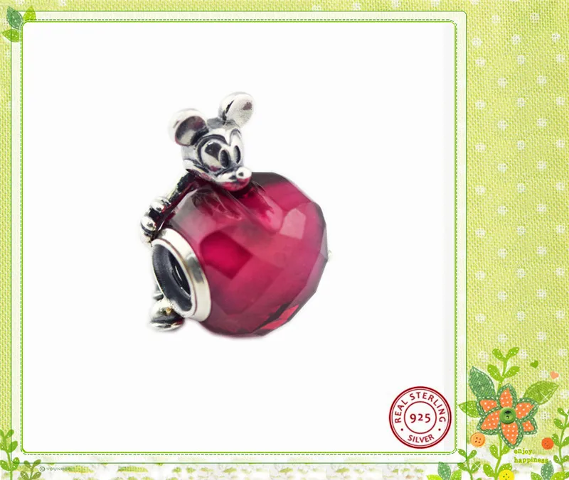 Сказочные бусины цвета фуксии Desney Mikey Mice Love Heart для женщин, изготовление ювелирных изделий, сделай сам, подходят для PANDORA, подвески, серебро, 925, FL740
