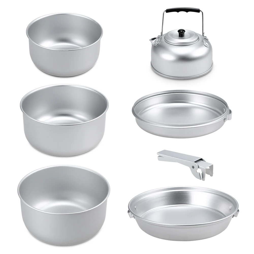 

Portable 7PCS Outdoor Camping Cookware Set Lightweight Anodized Aluminum Cooking Pot Pan Tea Kettle Tableware Set with Handle