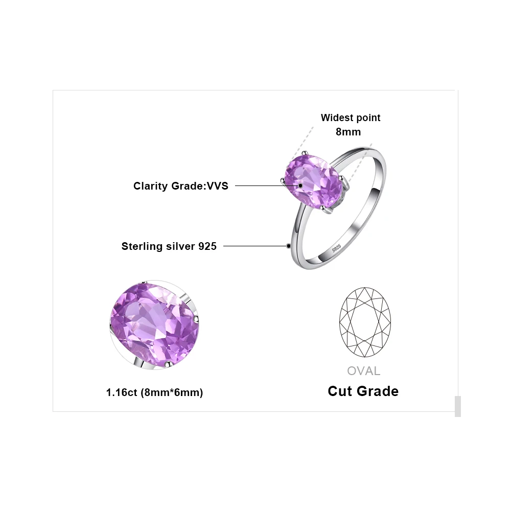 Jewelrypalace Овальный 1.1ct Природные Фиолетовый аметист камень пасьянс кольцо твердых стерлингового серебра 925 Красивые ювелирные изделия для Для женщин