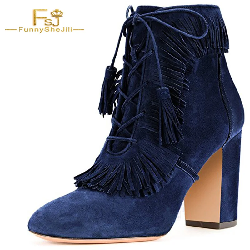 

Classic Nave Flock Fringe Lace Up Boots High Square Heel Lace Up Ankle Booties Outdoor Velvet Shoes Women Tacones Mujer FSJ 16