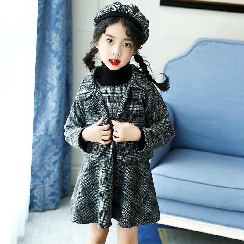 

New Girls Plaid Dress with Velvet Cotton Plaid Dress Cotton Plaid Suit Coat