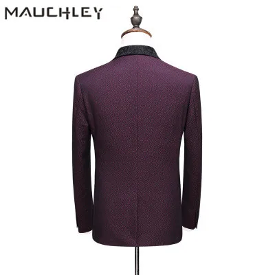 Wedding Prom Suits for Men Slim Fit 3 Pieces / Set ( Jacket + Vest+Pants) Tailored Suits Wine Red Floral Jacquard 2018 MAUCHLEY