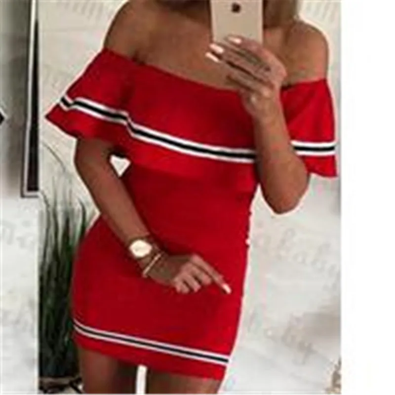 Модное женское платье с открытыми плечами футболка оборками повседневное