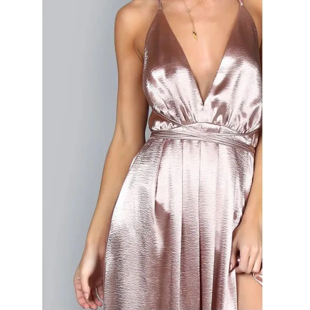 Женское атласное платье без рукавов с v-образным вырезом и открытой спиной