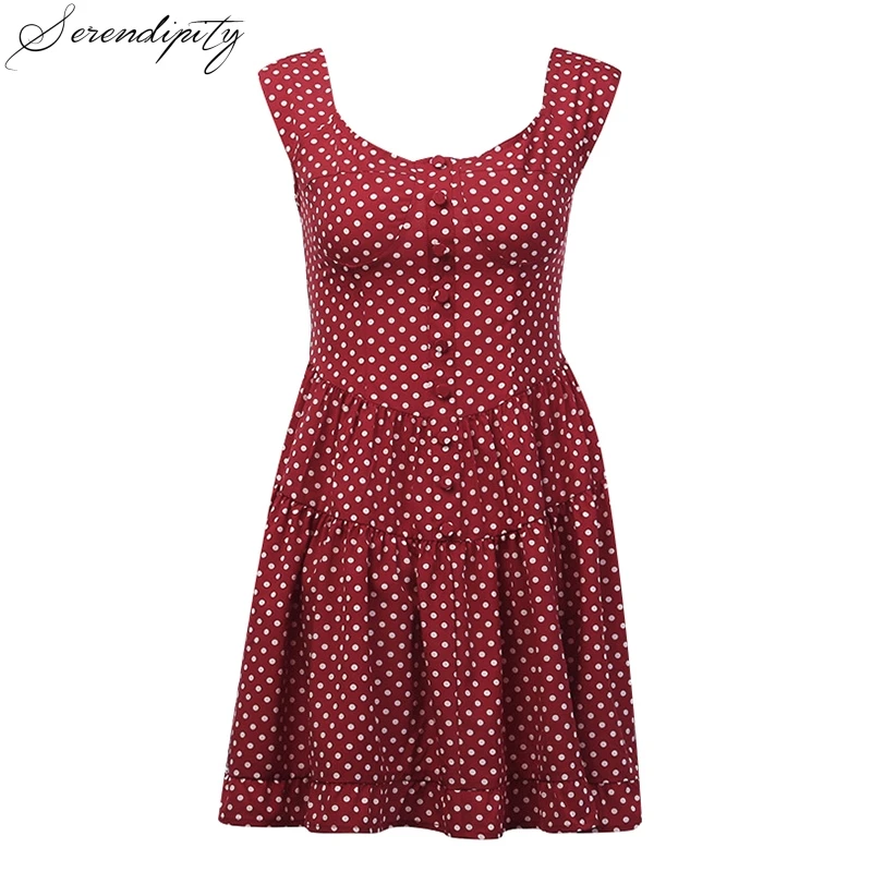 Boho Стиль в горошек Сарафан женский сексуальный элегантный красные пуговицы
