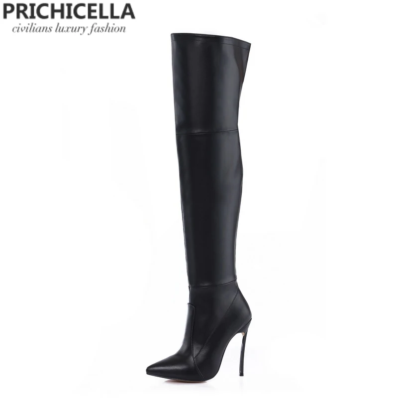 PRICHICELLA/коричневые женские облегающие высокие сапоги из натуральной кожи на Железном каблуке; высокая обувь в гладиаторском стиле; size34-42