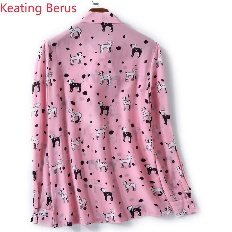 100% Шелковая Женская Летняя шелковая розовая рубашка с принтом свободные тонкие