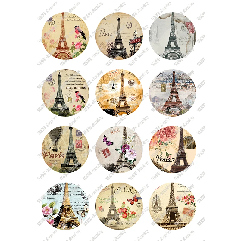 

24pcs/lot Eiffel Tower Pattern Glass Cabochon Gems for DIY Jewelry Round 10mm 12mm 14mm 16mm 18mm 20mm 25mm T077