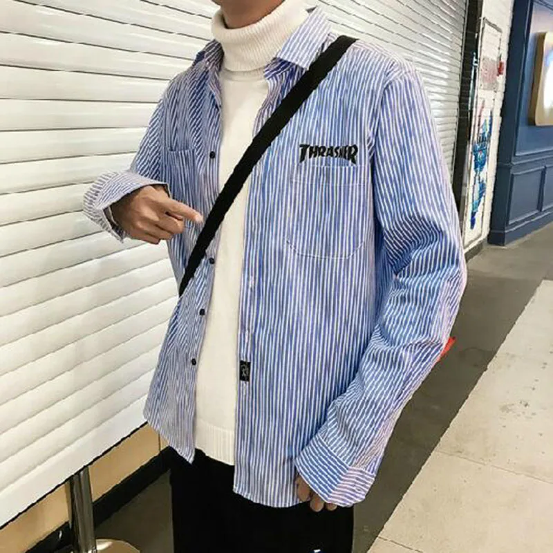 Мужские полосатые повседневные однобортные рубашки с длинным рукавом Camisa