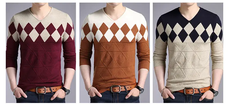 Кашемировый шерстяной свитер для мужчин весна осень пуловер узкий мужской с узором «ромбиками» v-образный вырез Pull Homme Рождественские свитера подходят евро