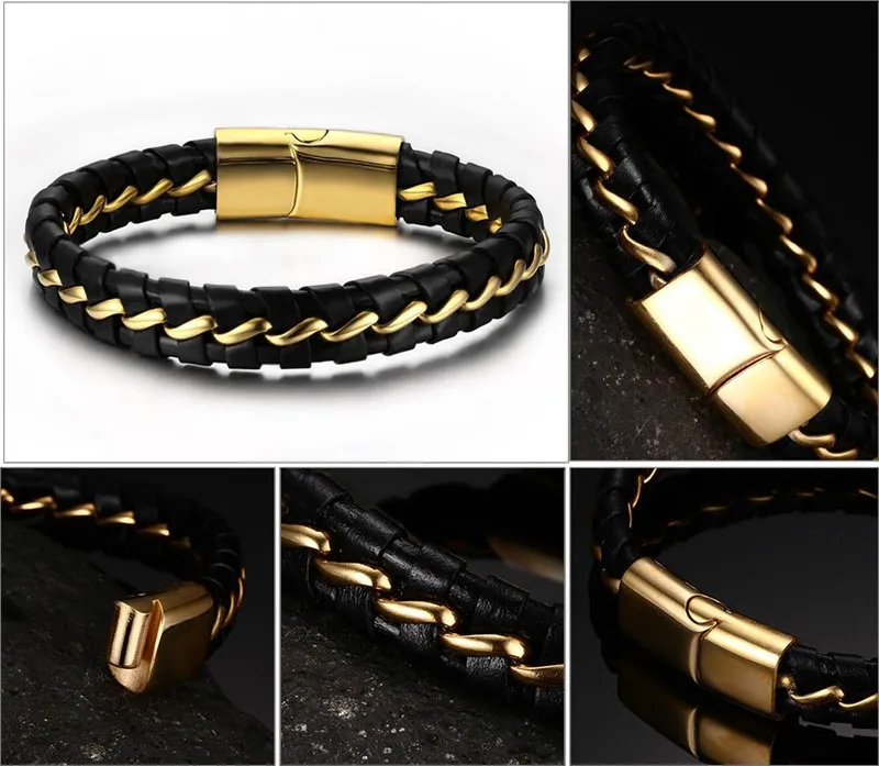 Новинка 2016 Модный черный/кожаный браслет мужские браслеты из нержавеющей стали с