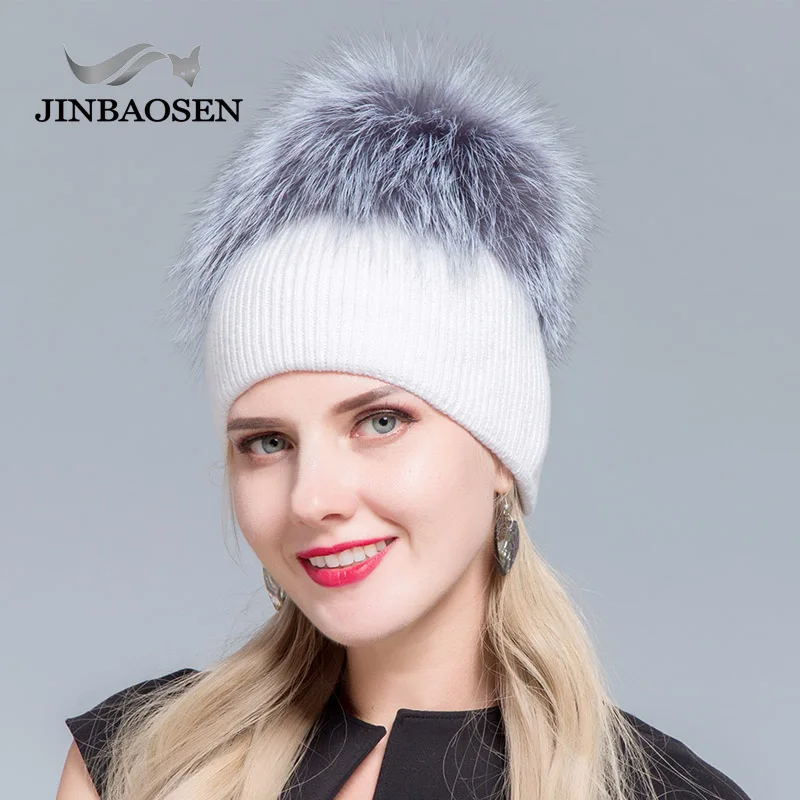 JINBAOSEN, русская мода, Вязаная Шерстяная меховая шапка, мех лисы, Прошитые наушники, зимняя Лыжная шапка, женская теплая шапка, моющаяся, двойная, толстая меховая шапка