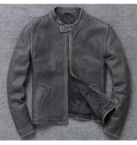 Dark gray Брендовая Осенняя мужская куртка из натуральной кожи, Байкерская мягкая куртка из бычьей кожи, Мужская винтажная куртка - Цвет: Dark gray