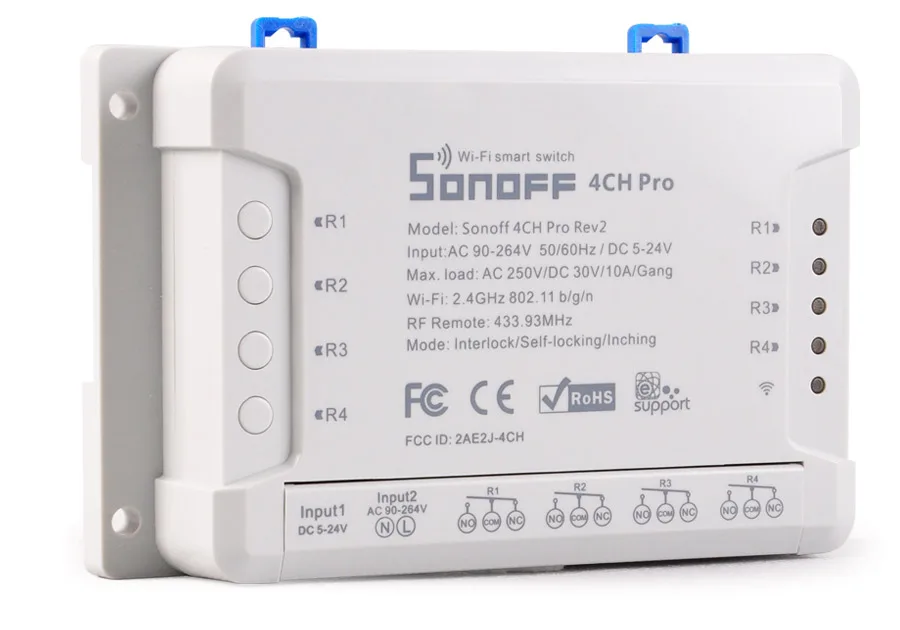 Интеллектуальный выключатель света Sonoff 4CH Pro R2 умный переключатель дистанционного управление 4 Каналы 433 МГц 2,4G Wi-Fi пульт для Управление Смарт модули автоматизации 90-250 В переменного тока(50/60 Гц)/5-24 В постоянного тока