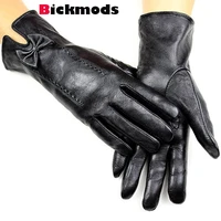 leather gloves ladies bow style wool lining thin section autumn plus velvet warm points womens sheepskin gloves