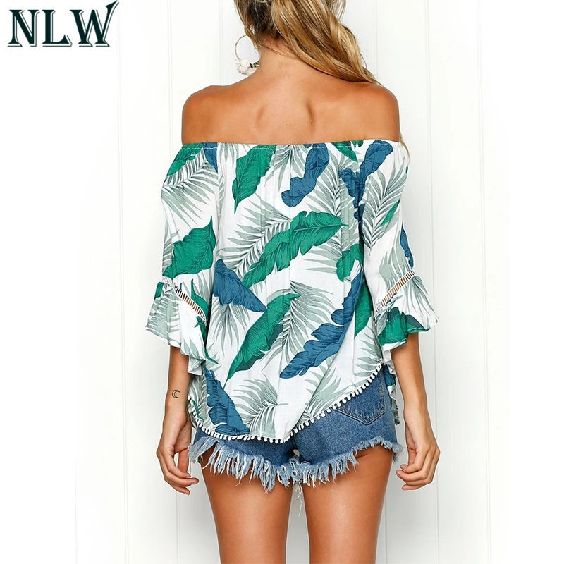 NLW Palm Leaf Print Blouse Shirt Women Summer Off Shoulder Top Butterfly Long Sleeve Shirts 2018 Beach Casual Cloth |