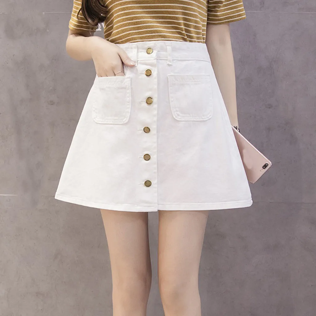 Fashion Women Leisure Denim A-Shaped Skirt Loose Button Pocket Short Skirt