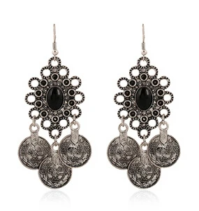 Винтажные серьги-капельки Zamac из тибетского серебра с серебряной монеткой