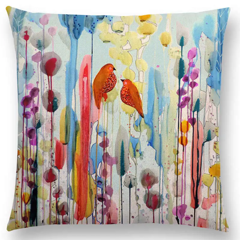 New Lovely Watercolor Little Birds Cute Colorful Flowers Clusters Warm Floral Woods Happy Life Cushion Cover Pillow Case | Дом и сад